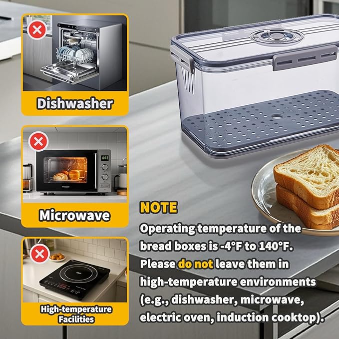 Bread Box for Kitchen Countertop, Airtight Bread Container with Lid, Time Recording Dial, and Draining Board, Bread Storage for Homemade Bread, Toast, Cookies (1 Grey)