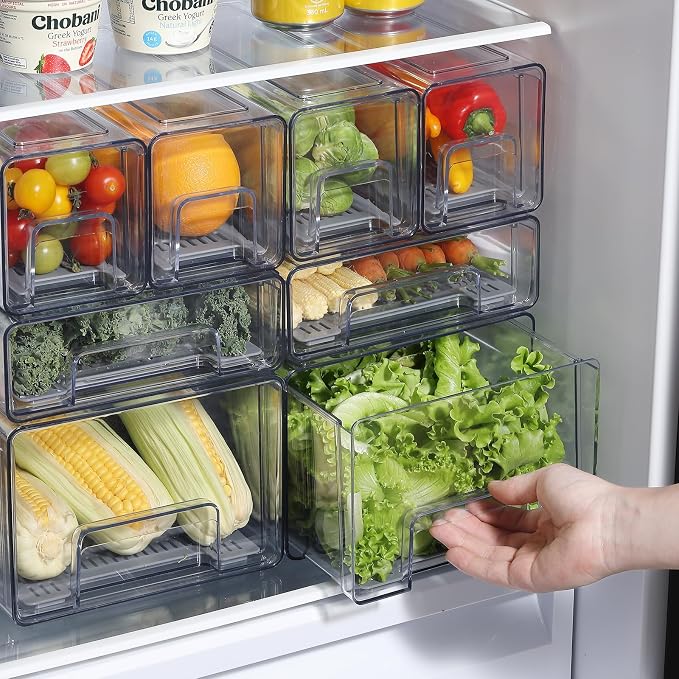 Pull Out Clear Fridge Organizer Drawers with Drainer, Refrigerator Stackable Storage Bins for Kitchen Fruit & Veggie Organization (2PCS, Large)