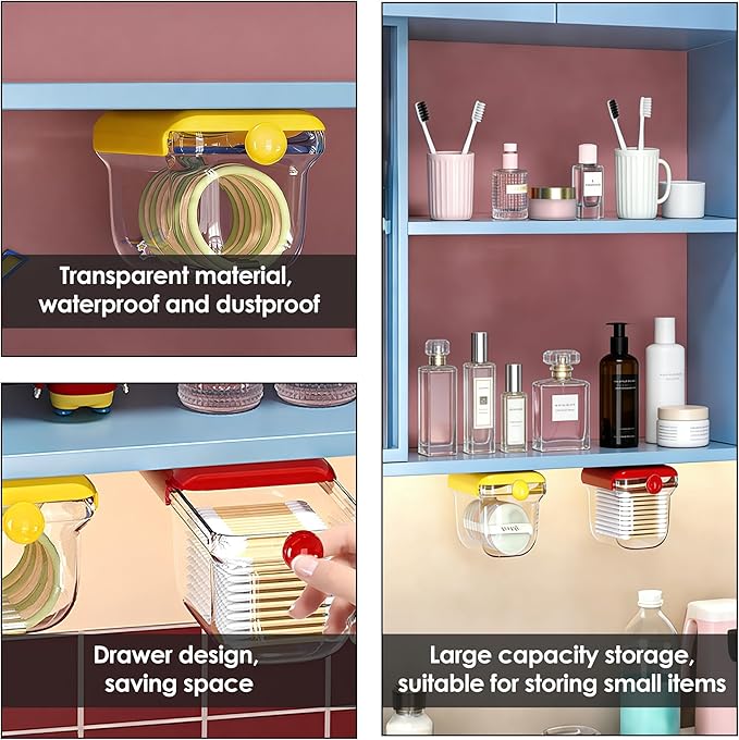 Qtip Holder Dispenser Under Mirror Cabinet Storage, 2 Pack Cotton Swab and Cotton Pad Balls Organizer, Transparent Pull-Out Drawers, Adhesive Hanging Bathroom Organizer for Vanity, Makeup