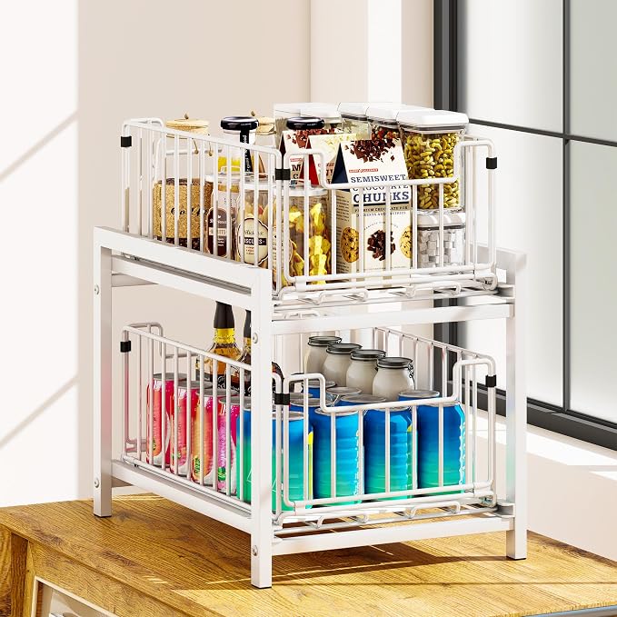 Romorgniz 1 Pack Pull-Out Storage Organizers, 2-Tier Sliding Under Sink Organizers For Kitchen and Bathroom, Metal Shelf Cabinet Organziers, White