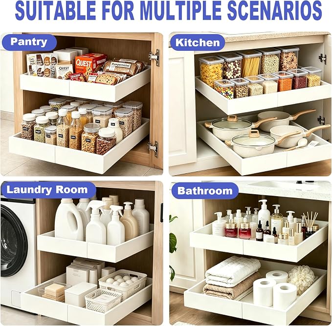 Expandable Pull Out Cabinet Organizer, No-Drill Pull Out Drawers, Roll-Out Shelf with Adhesive Pad & 3 Slide Rails for Framed Cabinets, Kitchen Pantry, 21" Deep, 12.2"-20.4", White, 1 Pack