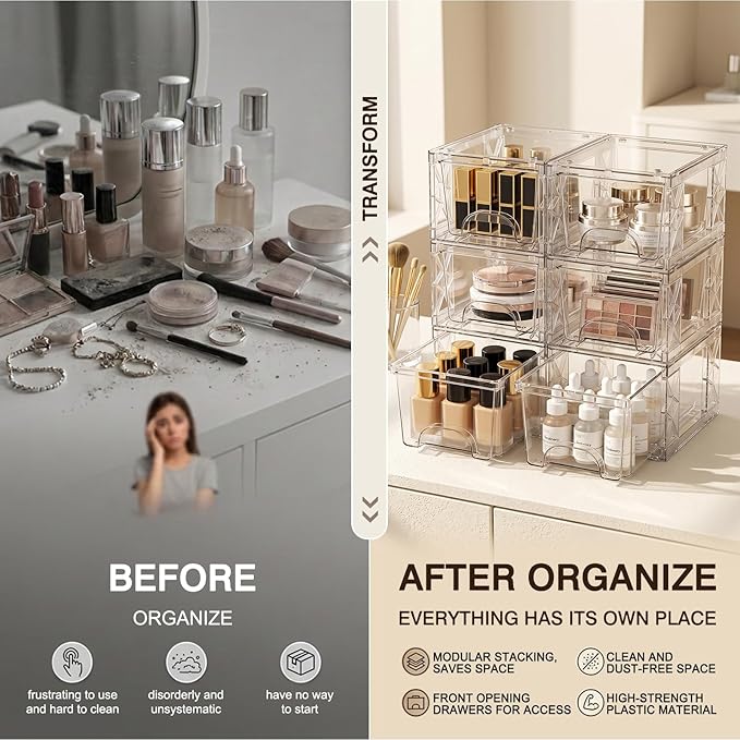 Stackable Storage Drawers, 4.4in Small Bathroom Organizers and Storage Boxes, Simply Assembled Box Containers for Medicine, Cosmetics, , Kitchen, Snack(6 Pack)