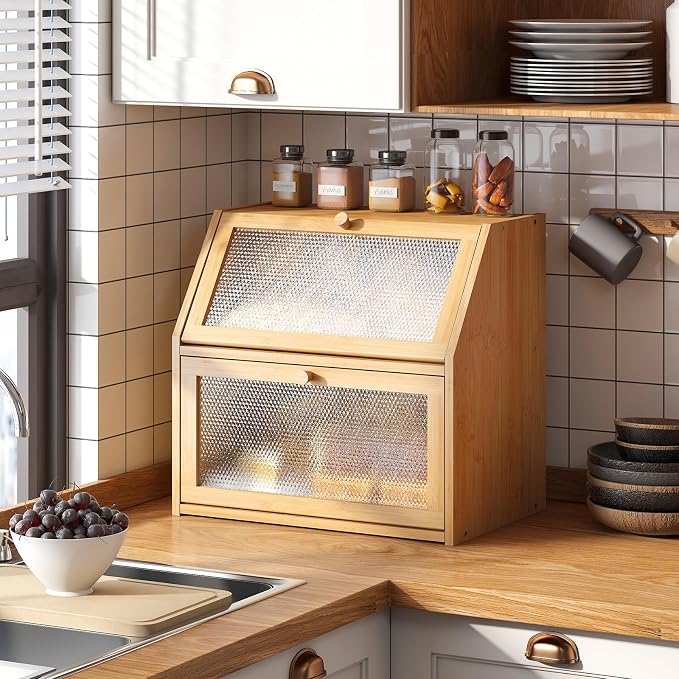 STDDRE Bread Box for Kitchen Countertop Bin Double Layer Bread Box Storage Container Extra Large Capacity with Diamond Pattern Windows (Natural, Extra Large)