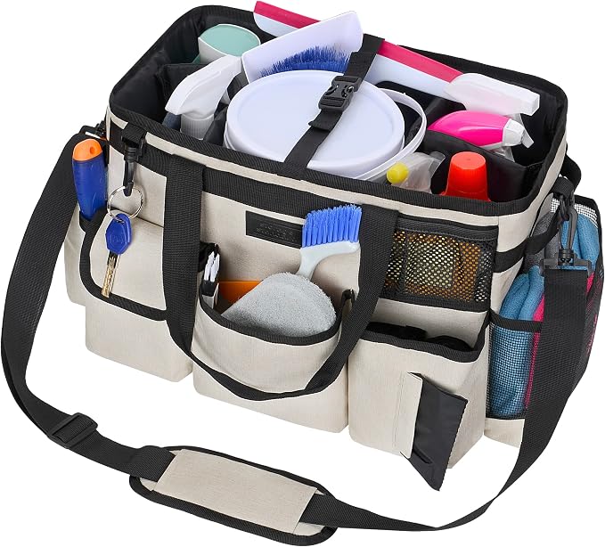 Cleaning Caddy Organizer with Handle - Large Caddy Bag for House & Bathroom Cleaning Supplies, 15 x 8 x 10.5 inches Cleaning Supply Caddy, Housekeeping Tote with Adjustable Strap - Beige