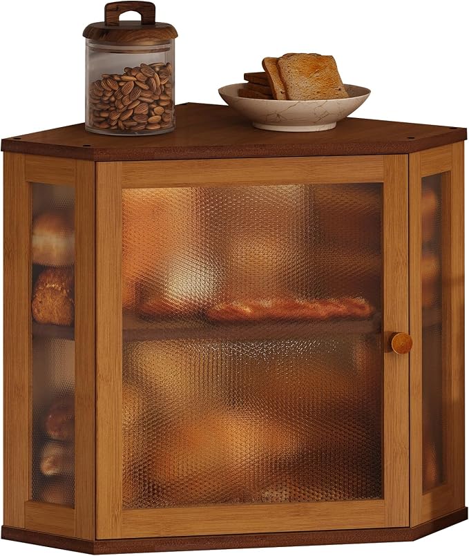 Corner Bread Box for Kitchen Countertop,Bread Storage for Homemade Bread, Double Layer Large Bamboo Kitchen Storage Bin with Window (Brown, Medium)