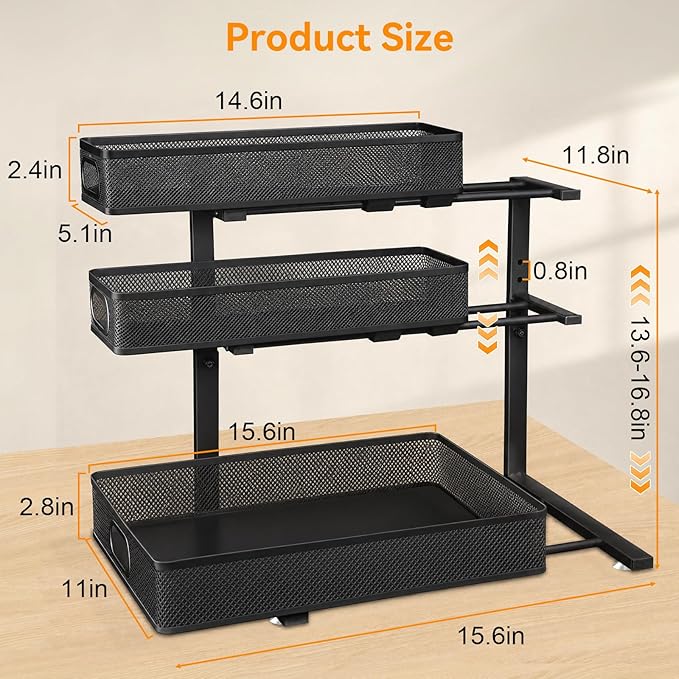 Under Sink Organizer for Bathroom, 3 Tier Adjustable Height Under Sink Storage, Sliding Pull Out Cabinet Organizer Shelf, Metal Multi-Purpose Cabinet Organizer for Kitchen (2 Pack, Black)