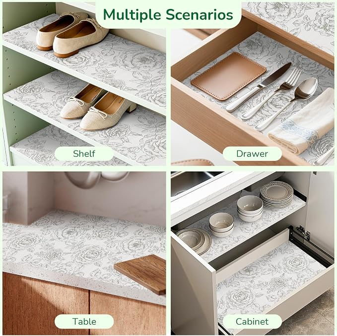 Floral Drawer and Shelf Liner for Kitchen, Non-Slip Non-Adhesive Cabinet Liners for Cupboard, Dresser, Shelves, Tool Box, Pantry, Thickened Easy Install, Strong Grip, 11.8In x 20FT, Rose