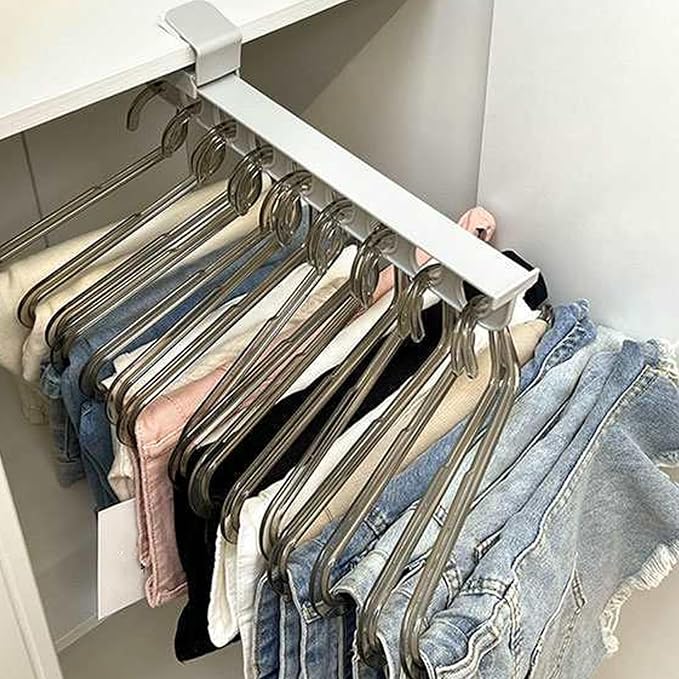 Closet Valet Rod Slide Out, 9-Holes Plastic Pull Out Pants Rack for Closet, Silent Slide Valet Rod, No-Drill Space-Saving Organizer, Gray