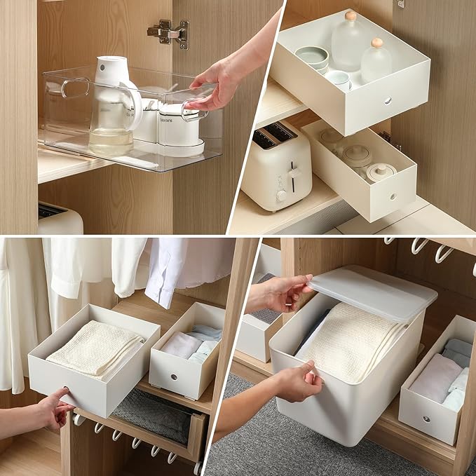 Summark Pull Out Rail for Baskets or Bins.Storage and Organization Accessories for Cabinet,Shelves.DIY Drawer Organizers Slides.2 Packs,White (1)
