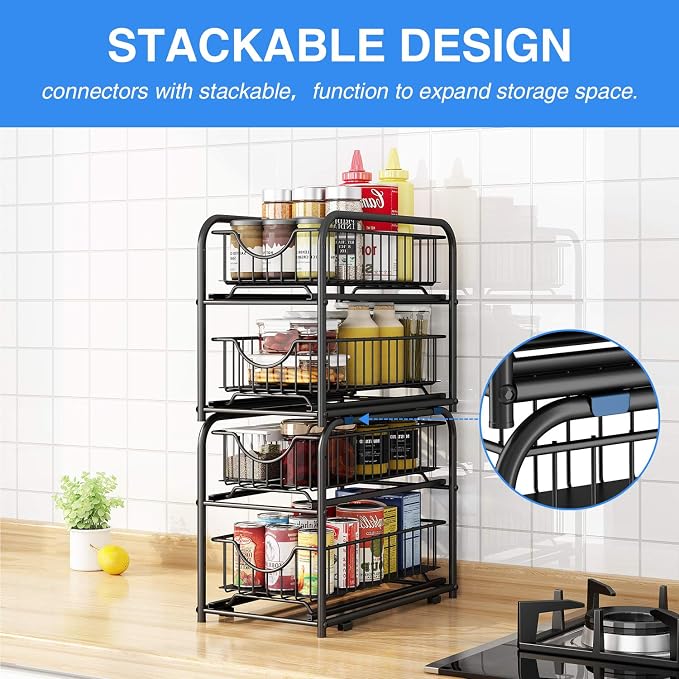 Pull-out Cabinet Organizer, Stackable 2-tier Under Sink Rack, with Sliding Storage Drawer for Pantry, and Desktop, for Bathroom, Kitchen, Office, Black