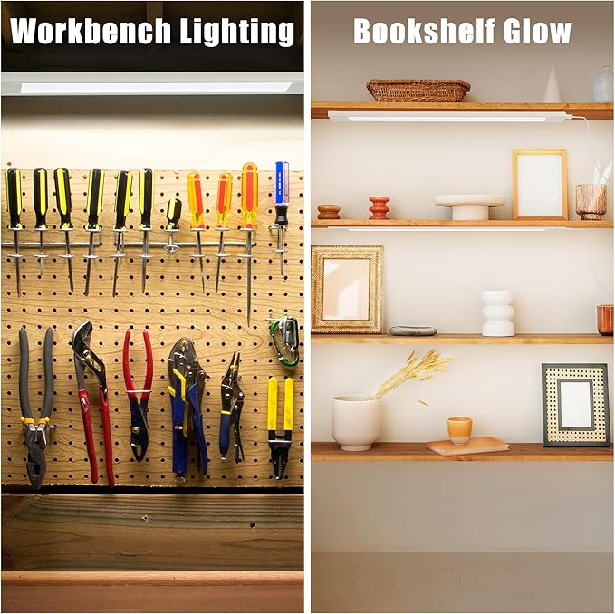 4 Pcs 14inch Plug in Under Cabinet Lighting for Kitchen, 6500k Bright White LED Under Counter Wired Lights for Shelf/Bookshelf/Workbench/Over Sink Linkable 110V LED Light Bar