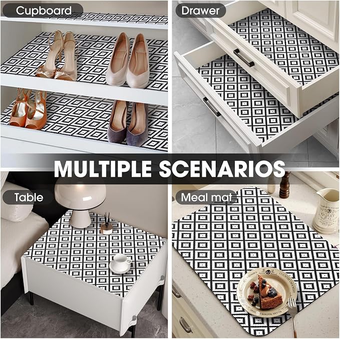 Drawer and Shelf Liner, Non-Slip Kitchen Cabinet Liners Non-Adhesive Thick Strong Grip Waterproof Washable Mats Protect Dresser Shelves Cupboard Bathroom Cabinets, Black & White, 24 in X 20 FT