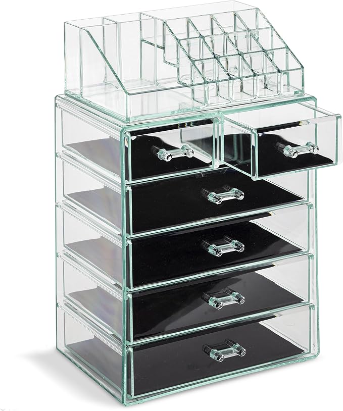 Sorbus Acrylic Makeup Organizer Set, 6-Drawer Vanity & Countertop Cosmetic Storage with Small & Wide Compartments, Teal Thrill Makeup Storage for Brushes, Jewelry – Holiday Gift for Women & Teens