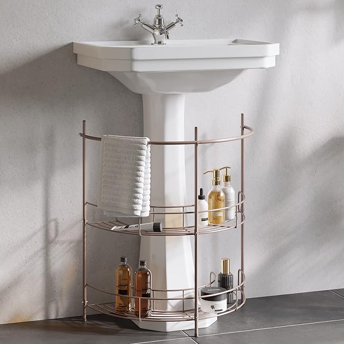 Lavish Home Pedestal Sink Organizer - Compact Under Sink Rack with 2 Storage Shelves and Towel Holder - Space Saving Bathroom Storage (Bronze)