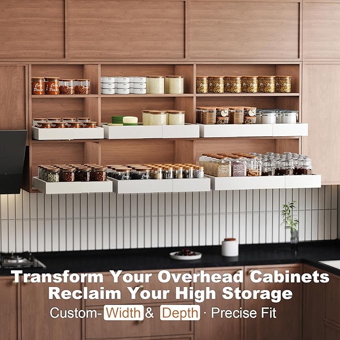 2Pc Pull out Cabinet Organizer,Width (11"-18") and Depth(10"-13"),Expandable With 3 Rails,Cabinet Roll out Drawers,Adjustable Slide out shelves for Kitchen and Pantry,for Cabinets Without Lip,White