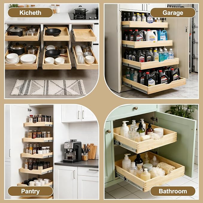 23" Pull Out Cabinet Drawer (Fits 24" Cabinet Opening), Wood Slide Out Cabinet Shelf Organizer with Ball Bearing Slides, Clear Lacquer Finish, Heavy Duty Kitchen Cabinet Pull Out Shelves
