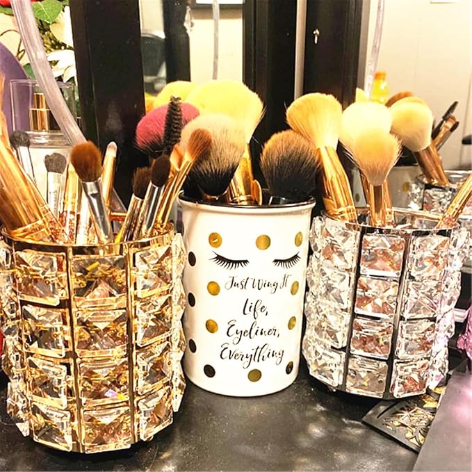 LUGUNU Makeup Brush Holder Organizer Crystal Vanity Decor Bling Personalized Comb Brushes Pen Storage Box Container (Gold 1 Pack)