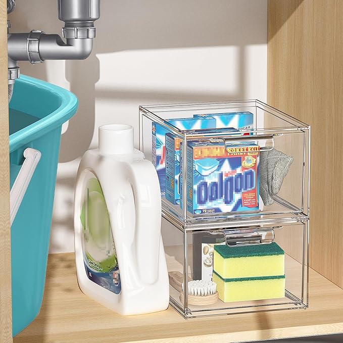 SpaceHacks 2 Pack Stackable Makeup Organizer and Storage, Acrylic Organizers,Clear Plastic Storage Drawer with Handles for Vanity, Undersink, Kitchen Cabinets, Pantry