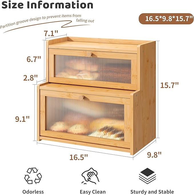 Bread Box for Kitchen Countertop Double Layer Large Corner Bread Box Capacity Bread Storage Bin Farmhouse Breadbox Container Organizer Cabinet Cupboard Nature