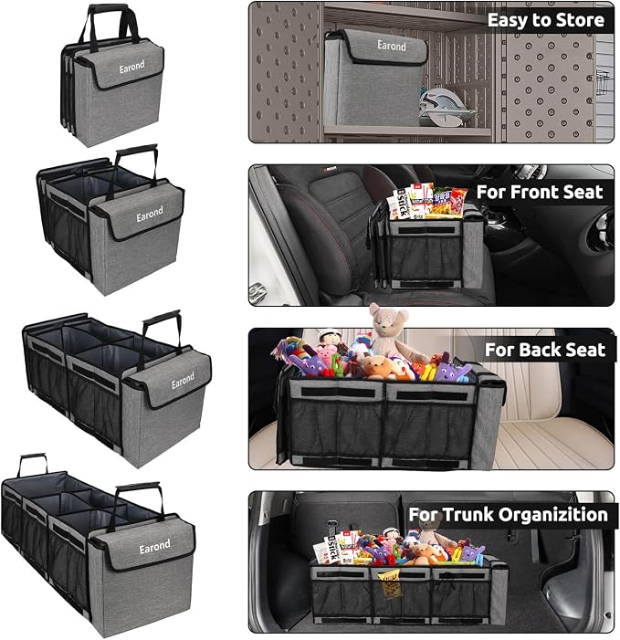 Collapsible Trunk Organizer with Insulated Leakproof Cooler Bag,Removable Lid,Adjustable Securing Straps,3 Compartments Trunk Organizer for SUV,Truck,Sedan(Light Grey)