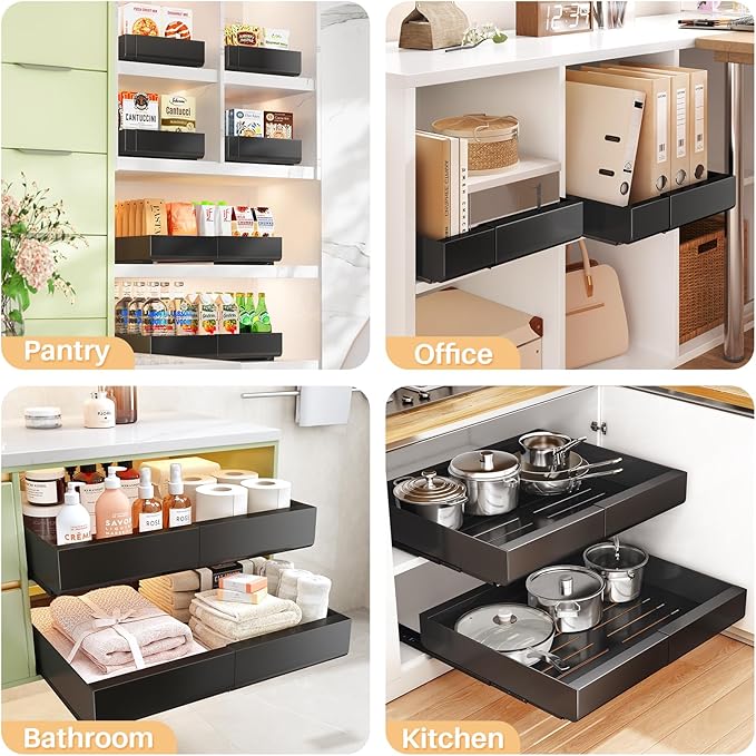 PXRACK Pull out Cabinet Organizer, Expandable(12"-20") Heavy Duty Peel and Stick Roll out Drawer for Pots and Pans, Adjustable Adhesive No Drill Screw Slide out Shelf Storage for Home Kitchen Pantry
