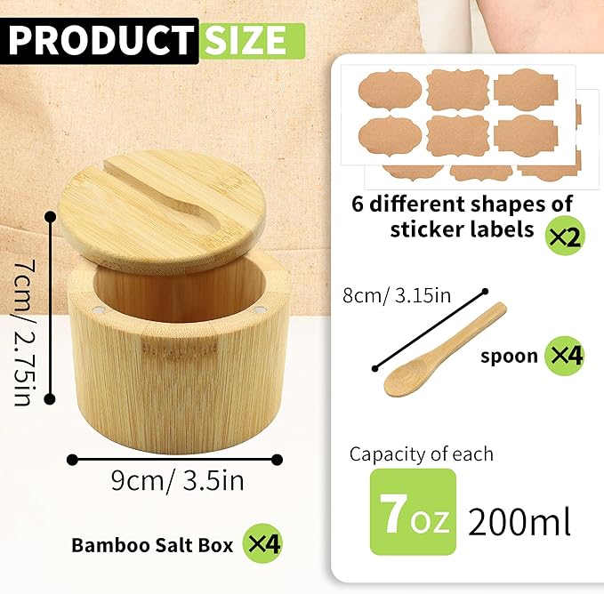 4 Pcs Bamboo Salt Containers for Countertop, Salt and Pepper Bowls with Magnetic Swivel Lid & Spoon, Salt Shakers for Kitchen, Spices Storage Jars, Sugar Holder (4 Pack)