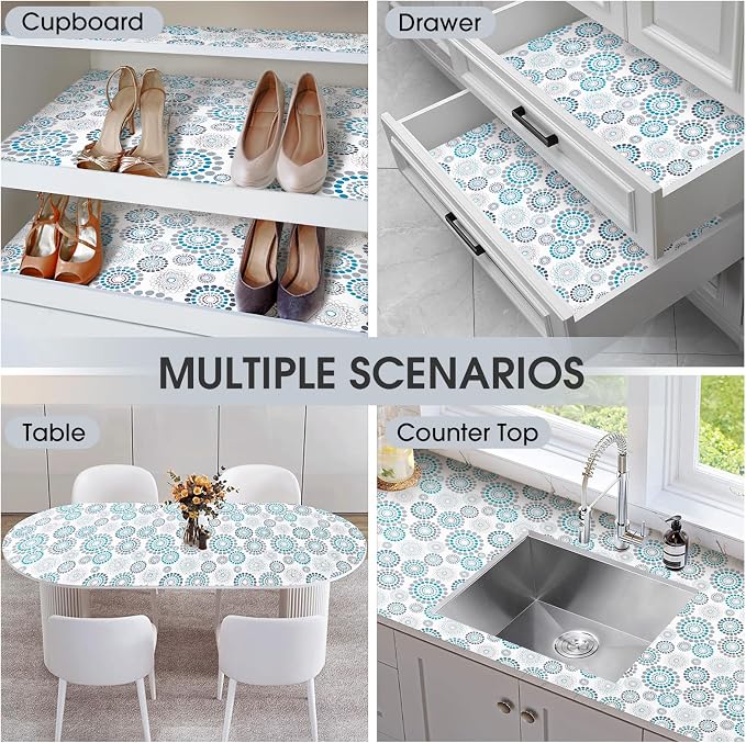 Drawer and Shelf Liner, Non-Slip Kitchen Cabinet Liners Non-Adhesive Thick Strong Grip Waterproof Washable Mats Protect Dresser Shelves Cupboard Bathroom Cabinets, Spiral, 24 in X 10 FT