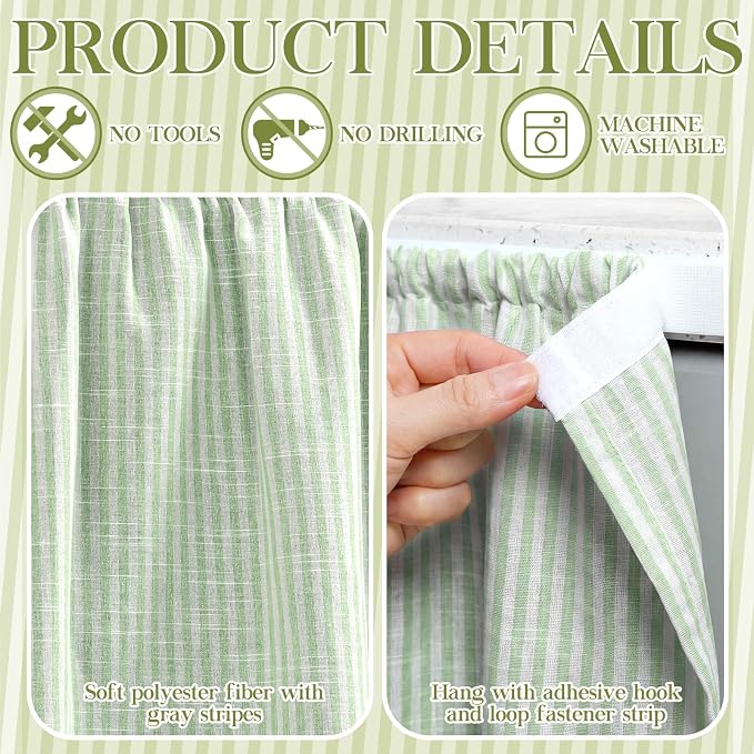 VitalCozy Cabinet Curtain 35" W X 35" L Sink Skirt for Bathroom Kitchen Sage Green Stripes Spring Short Curtain for Home Classroom Farmhouse Rustic Drape Under Desk Privacy Drape for Laundry Room