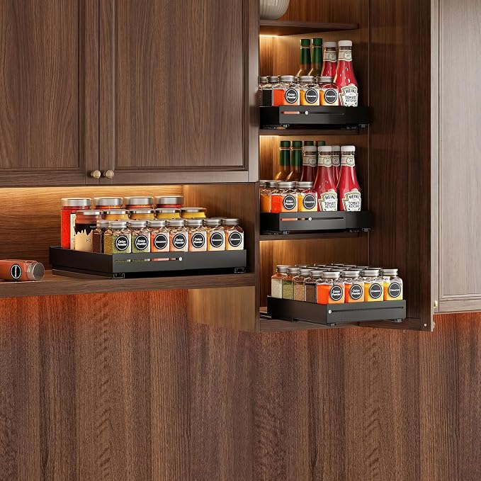 SNTD Pull Out Spice Rack for Upper Cabinet - Expandable Organizer with Smooth Ball Bearing Slides, No Drill Mounting Spice Storage for Kitchen (1 Pack, 7.2" to 12.9" W X 10" D X 2.2" H)