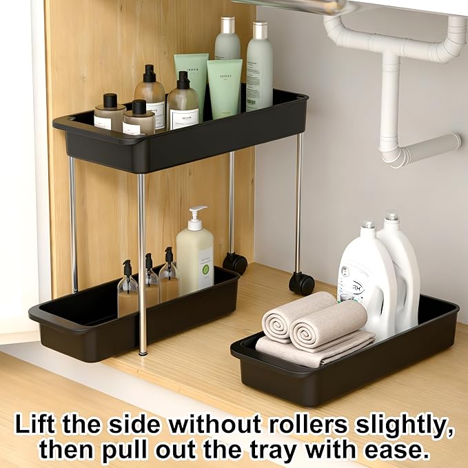 2-Tier Under Sink Organizer with Smooth Rolling Wheels, Pull-Out Bottom Storage Drawer with Easy-Lift Handle, Metal & Plastic Sliding Cabinet Organizer for Kitchen & Bathroom, Black, 2 Pack