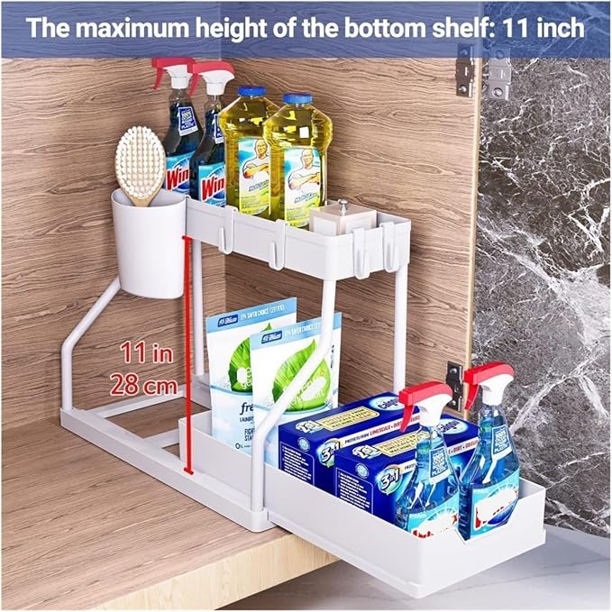 2-Tier Pull-Out Storage Organizer - Space-Saving Kitchen and Bathroom Essentials Organizer with Large Capacity Drawer(White-2 ties-2 Pack)