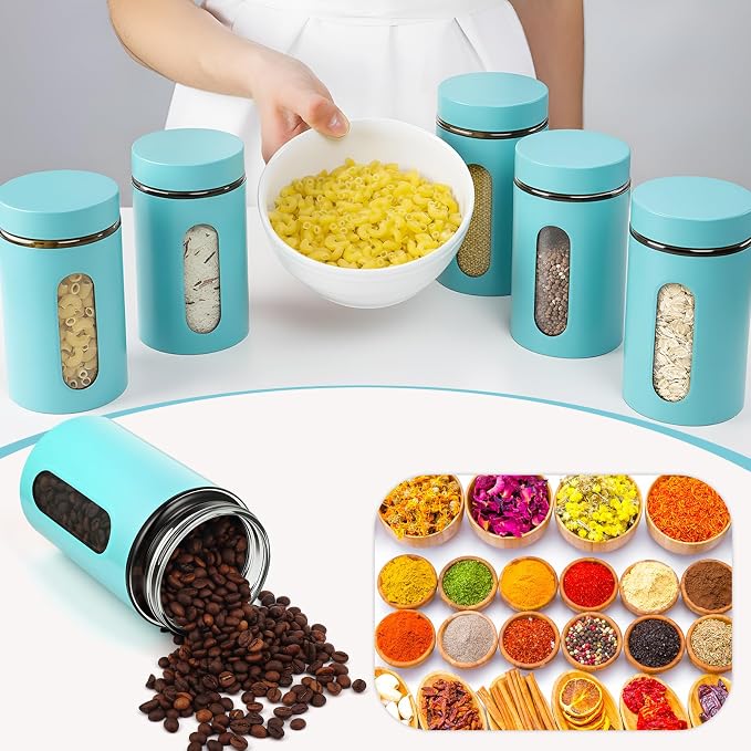 Mimorou 3 Pcs Stainless Steel Canister Set with Glass Windows Visible Storage Jars Silver Kitchen Canister Set for Pasta Flour Oat Sugar Container, Kitchen Tools, Housewarming Gifts(Turquoise,32 oz)