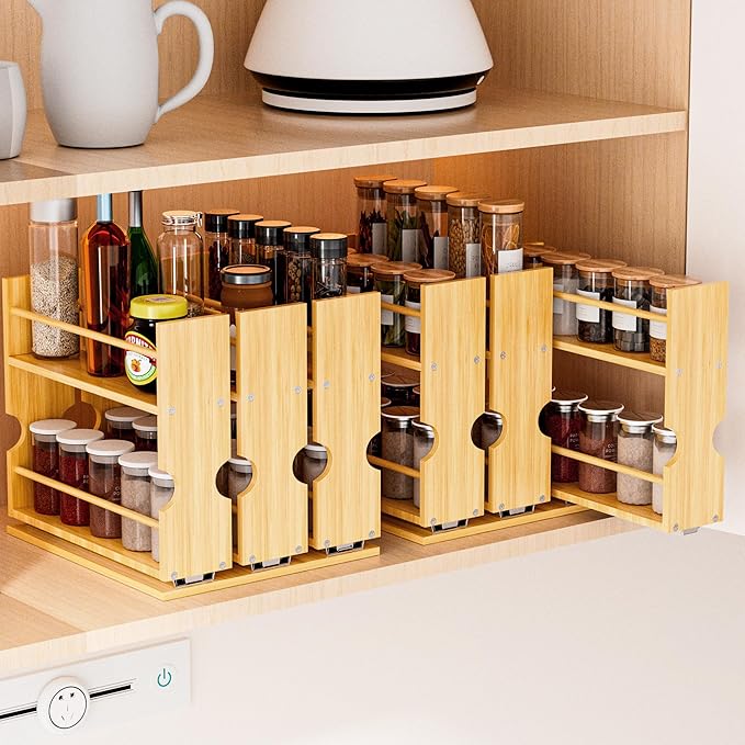 Jolitac Bamboo Pull Out Spice Rack for Cabinet, Slide Out Drawers, Space-Saving Seasoning Kitchen Pantry Sliding Vertical Organization, Easy to Install, 9.1" Wide, 3 Drawers(1.85" Wide), 2-Tier
