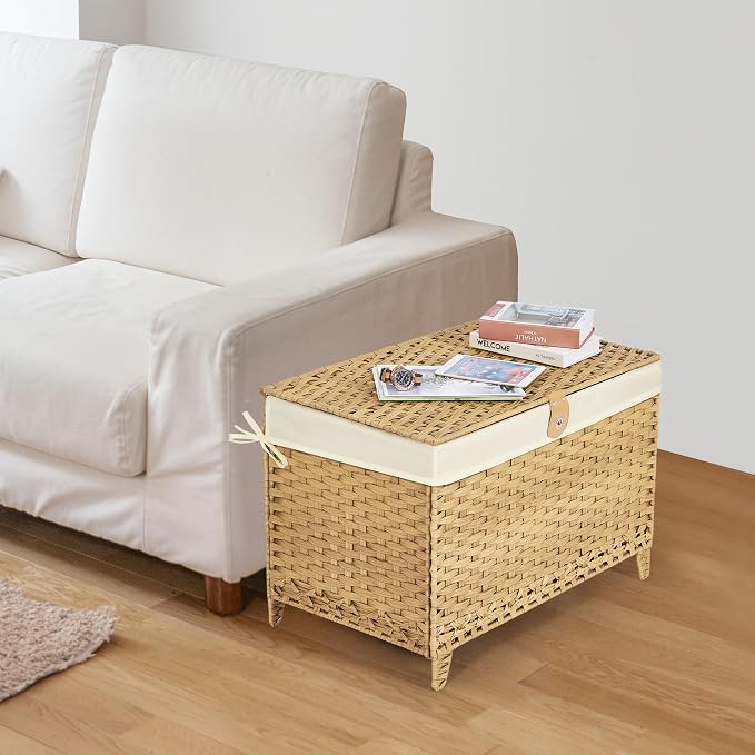 Honjourai Wicker Storage Basket with Lid,Rattan Shelf Basket with Removable Liner Bag,160L Storage Bin,Storage Trunk with Heightened Feet,Storage Container for Wardrobe,Home Organizer