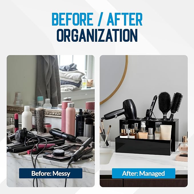 Hair Tool Organizer for Bathroom Vanity – Blow Dryer Holder with Stainless Cups for Hair Dryer, Curling Iron & Straightener, Countertop Hot Tools Holder and Hair Tool Storage (BLACK)