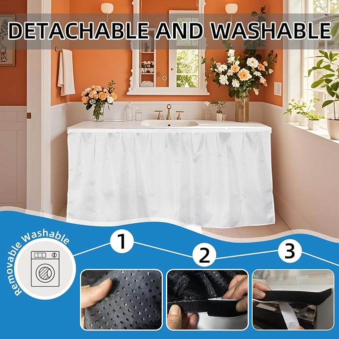 Fabric Sink Skirt Waterproof Self-Adhesive Bathroom Sink Skirt Diamond Stitch Design, 55 x 32 Inches, Adds Under Sink Storage (Silver Gray)