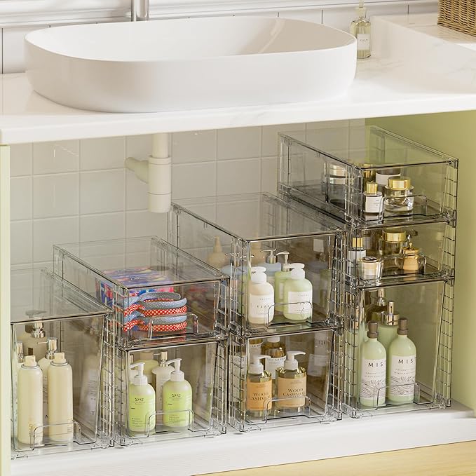 Vtopmart 3 Pack Clear Stackable Storage Drawers,Easy to Assemble Bathroom Organizers and Storage with handles,Plastic Drawers for Kitchen Pantry,Cabinet,Under Sink Organization