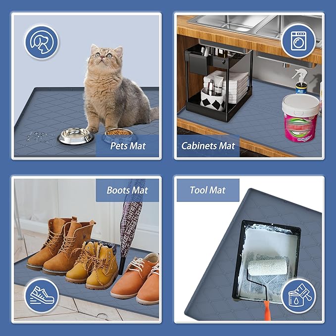 URMONA 37" x 22" Waterproof Silicone Mat in Multiple Sizes & Colors, Under Sink Mat for Kitchen & Bathroom, Pet Food Pad for Dogs & Cats, Kitchen Cabinet Liner, Multi-Purpose for Storage(Light Grey)