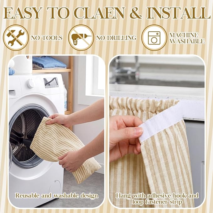 VitalCozy Cabinet Curtain 28" W x 35" L Sink Skirt for Bathroom Kitchen Brown Stripes Spring Short Curtain for Home Classroom Farmhouse Rustic Drape Under Desk Privacy Drape for Laundry Room