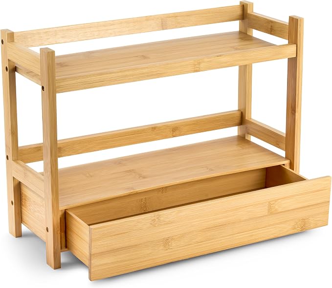 Sorbus Bamboo Bathroom Counter Organizer – 2-Tier Shelf with Hidden Drawer for Vanity, Matcha Station, Bathroom Sink Organizer Countertop, Kitchen & Office Storage (17″ L x 6.5″ W x 12.6″ H)