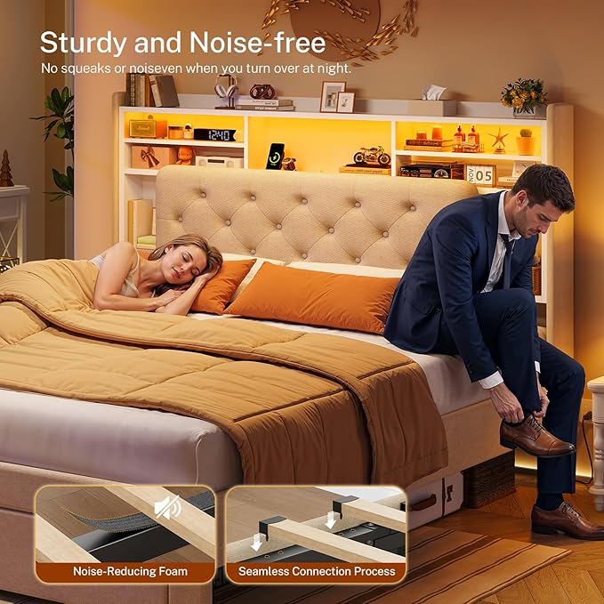 TEENFON Queen Bed Frame with Headboard and 2 Drawers Storage, Bed Frame Queen Size Built in LED Lights and Charging Station, Sturdy & Noise-Free Upholstered Platform Metal Bed, Beige
