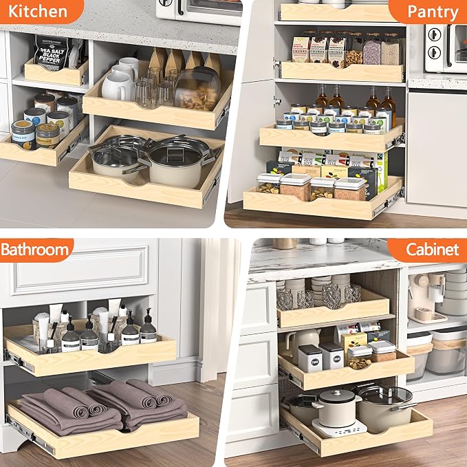 ZOINLIY 24''W X 21''D X 3''H Wooden Pull Out Drawer for Cabinet, Cabinet Organizer for Kitchen, Soft Close Slide Out Shelves, Heavy Duty, Full-Extension