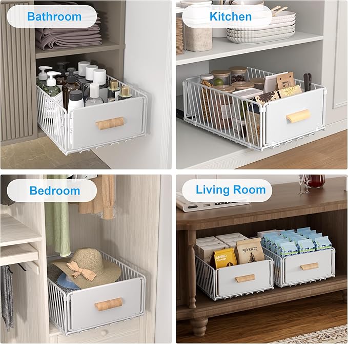 MEKOTRICIN Pull Out Cabinet Organizer, Slide Out Drawer Organizers Storage Fixed with Adhesive,Sliding Pantry Shelves with Handle for Kitchen Cupboard Bathroom Home, 11.8x6.7in, White