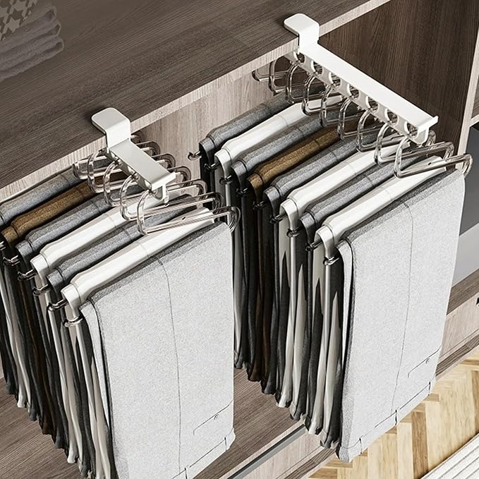 Closet Valet Rod Slide Out, Plastic Pull Out Pants Rack with 9 Holes, No-Drill Space-Saving Organizer, Top Mount Telescopic Pants Rack, White