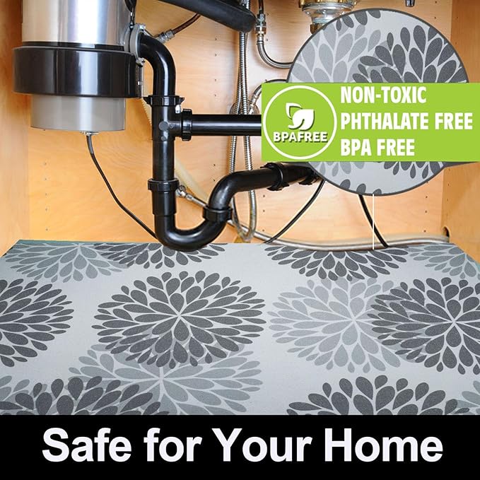 AiBOB Waterproof Under The Sink Mat, Absorbent Quick Dry Sink Liners Protect Cabinets, Durable Shelf Liners, Slip Resistant and Non-Adhesive, 24X36, Grey/Flower