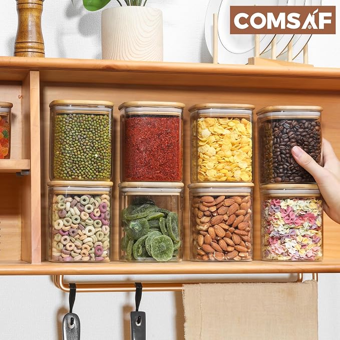 ComSaf 0.8 Qt Glass Food Storage Jars Set of 6, Clear Storage Containers with Airtight Lids, Pantry Organization Jar, Spice Jar, Blooming Tea, Oat, Coffee and Sugar Container, Canister Set for Kitchen