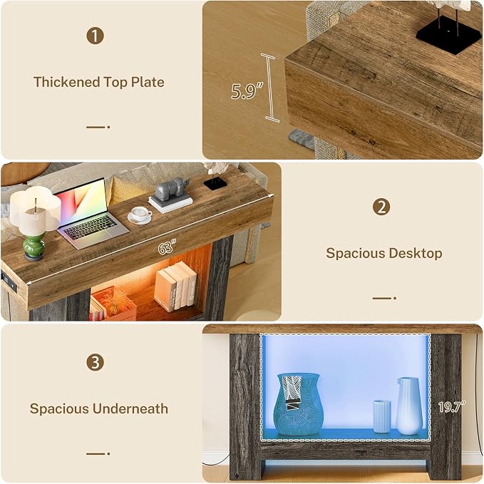 TEENFON 63" Console Tables for Entryway, Sofa Table, Behind The Couch Table with Charging Station and LED Lights, Farmhouse Entryway Table for Entrance, Hallway, Living Room