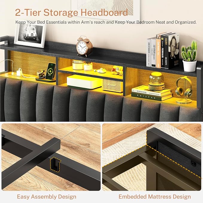 TEENFON Queen Bed Frame with 4 Storage Drawers and LED Lights, Upholstered Headboard with Shelves and Built in Charging Station, Metal Platform Noise-Free/No Box Spring Needed, Black