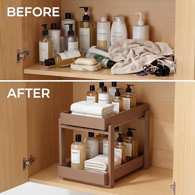 Bamboo Under Sink Storage 2 Tier Pull Out Cabinet Organizer Slide Out Under Sink Storage Shelf Undersink Organizers Shelves for Kitchen Bathroom Organization (Brown, 2 Pack)