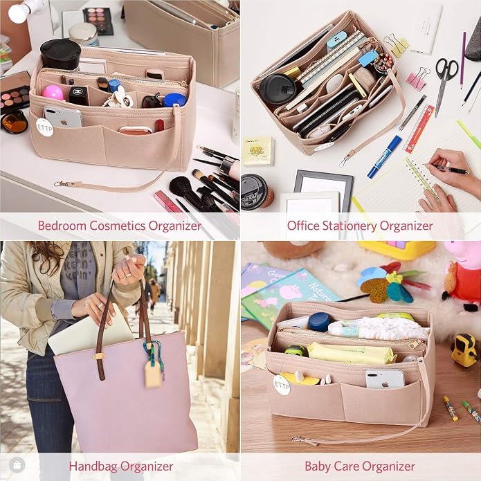 Purse Organizer Insert, Felt Tote Organizer Insert With Metal Zipper, Handbag Organizer For Speedy, Neverfull, Tote, Handbag, 7 Colors 5 Sizes